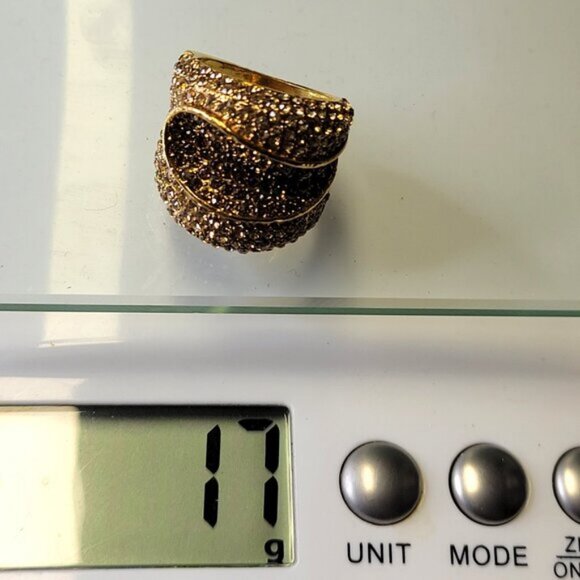 Two Tone Gold and Amber Color Wide Ring Concave Design with Rhinestones Size 6.5 - Picture 6 of 14